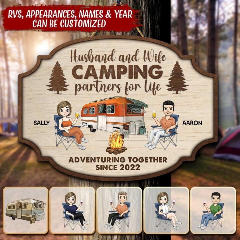 Husband And Wife Camping Partners For Life  - Personalized Wooden Sign