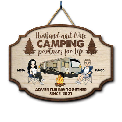 Husband And Wife Camping Partners For Life  - Personalized Wooden Sign