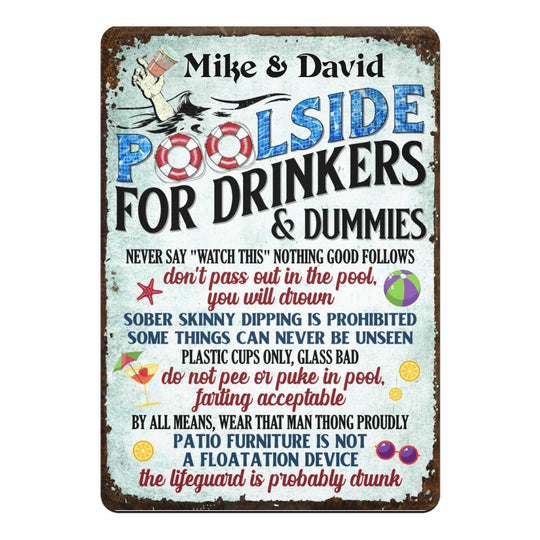 Pool Sign Pool Rules for Drinkers and Dummies - Personalized Metal Sign