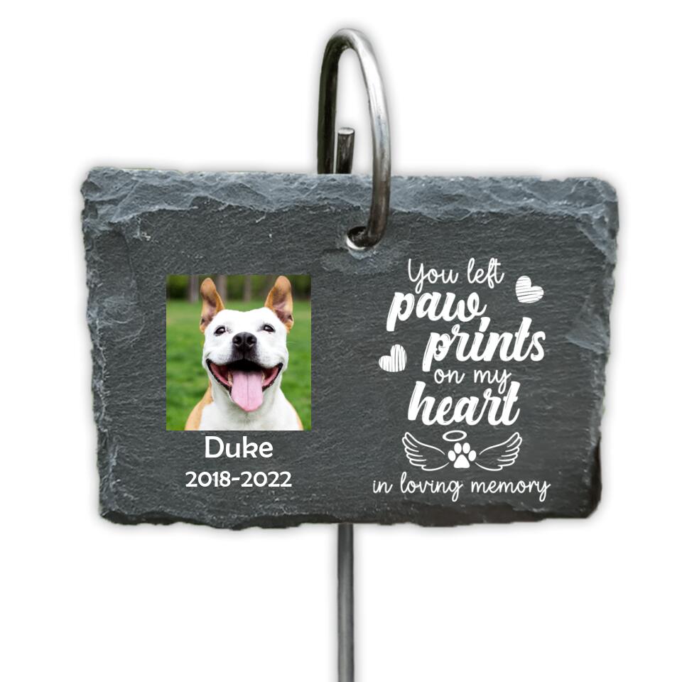 You Left Pawprints On My Hearts | Personalized Pet Memorial Garden Slate With Hook, Pet Loss Gift, Pet Bereavement Gift, Garden Memorial