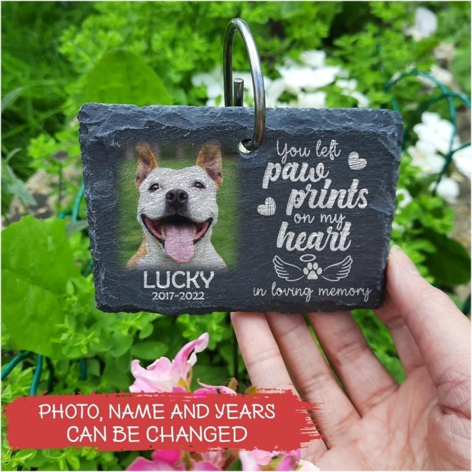 You Left Pawprints On My Hearts | Personalized Pet Memorial Garden Slate With Hook, Pet Loss Gift, Pet Bereavement Gift, Garden Memorial