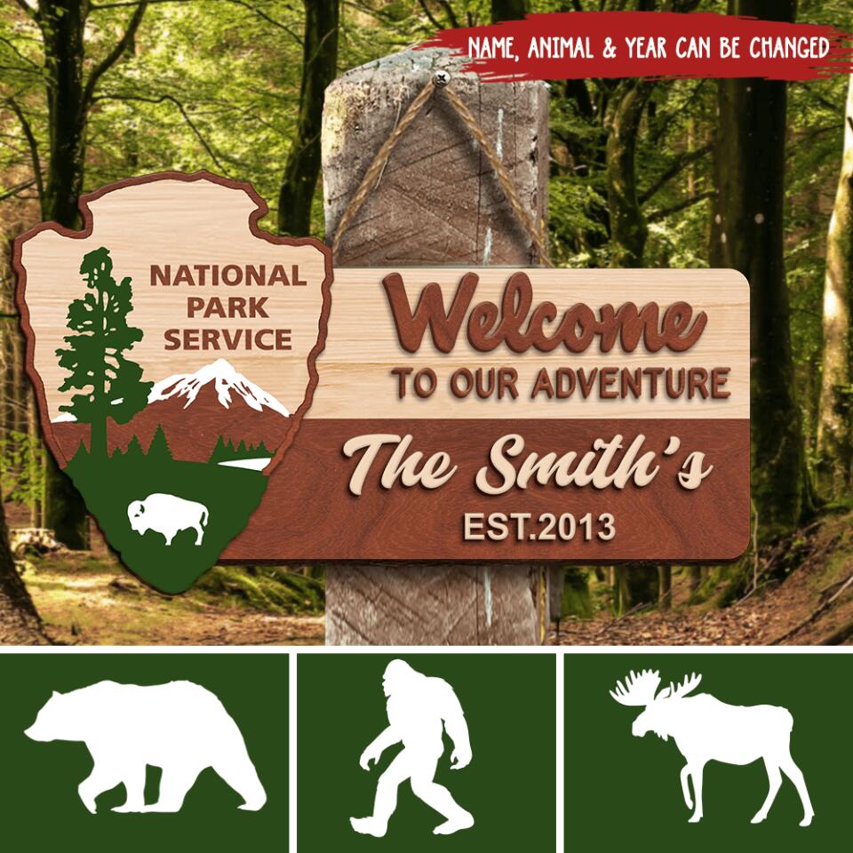 Personalized Wooden Sign 2 Layer, Welcome To Our Adventure National Park