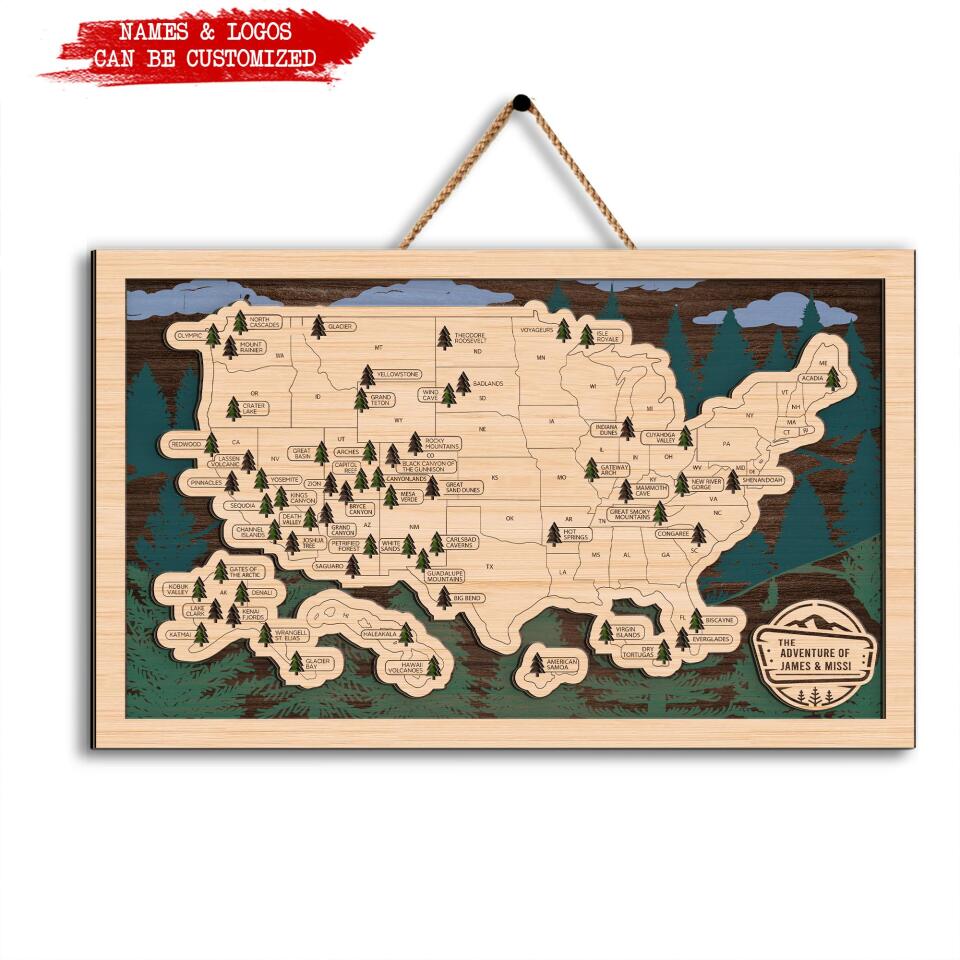 National Parks Map - Personalized Wooden Sign 2 Layer