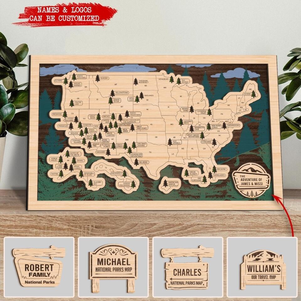 National Parks Map - Personalized Wooden Sign 2 Layer