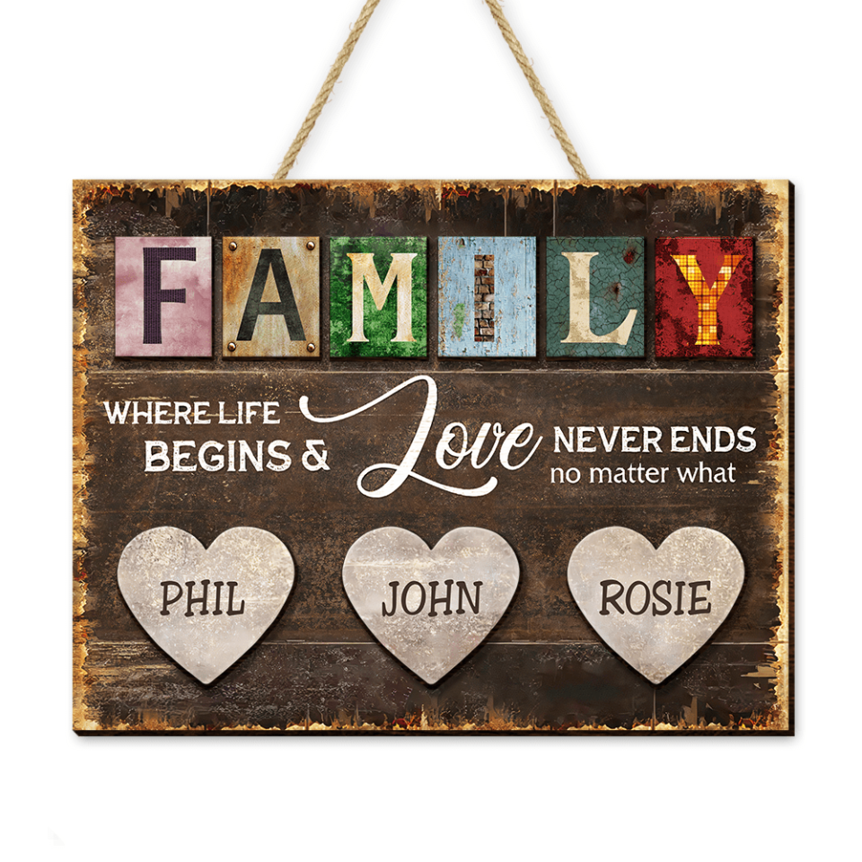 Family Where life begins &amp; love never ends no matter what - Personalized Wooden Sign 2 Layer
