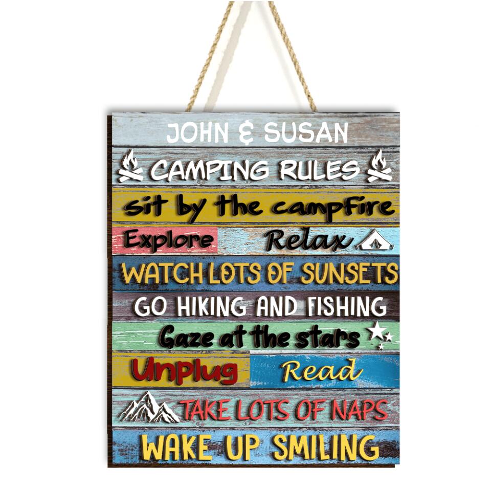 Camping Rules Sit By The Campfire - Personalized Wooden Sign 2 Layer