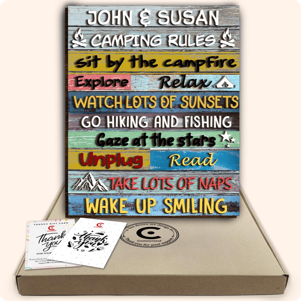 Camping Rules Sit By The Campfire - Personalized Wooden Sign 2 Layer