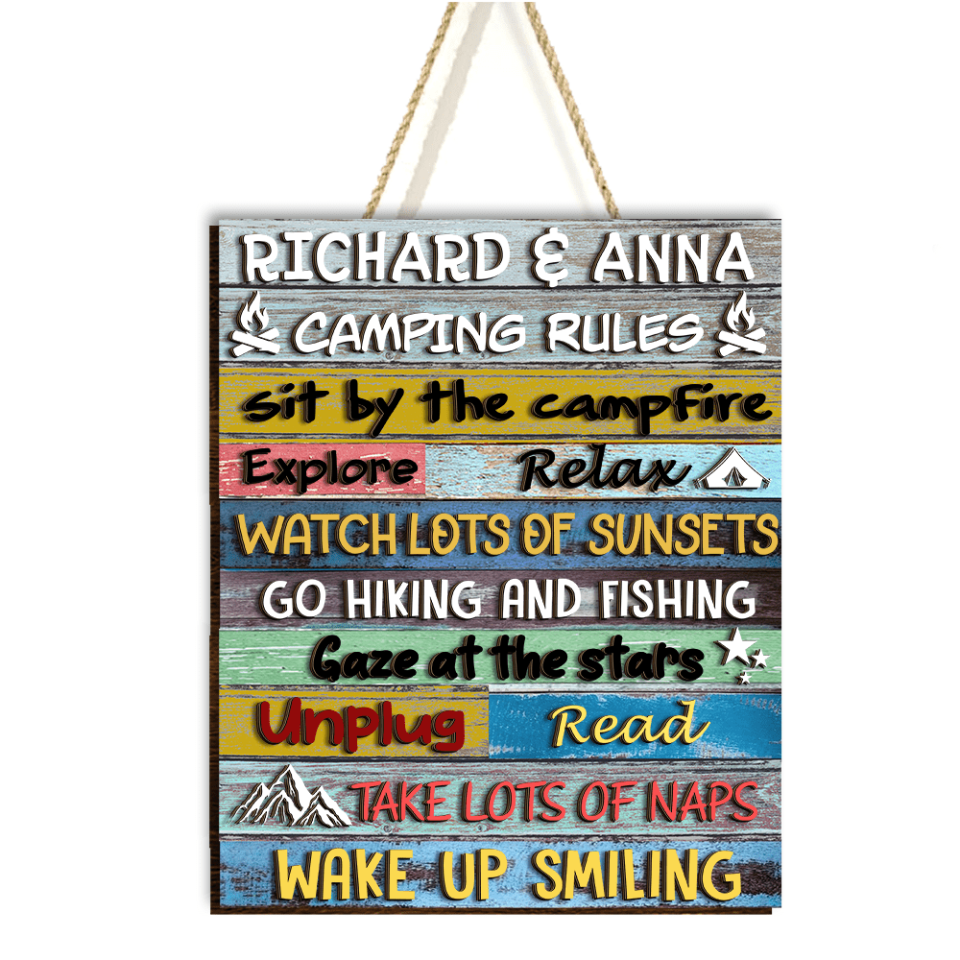 Camping Rules Sit By The Campfire - Personalized Wooden Sign 2 Layer