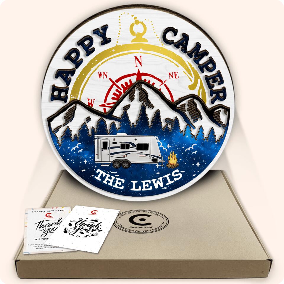 Happy Camper, Gift For Camping Lover - Personalized Wooden Sign 2 Layer