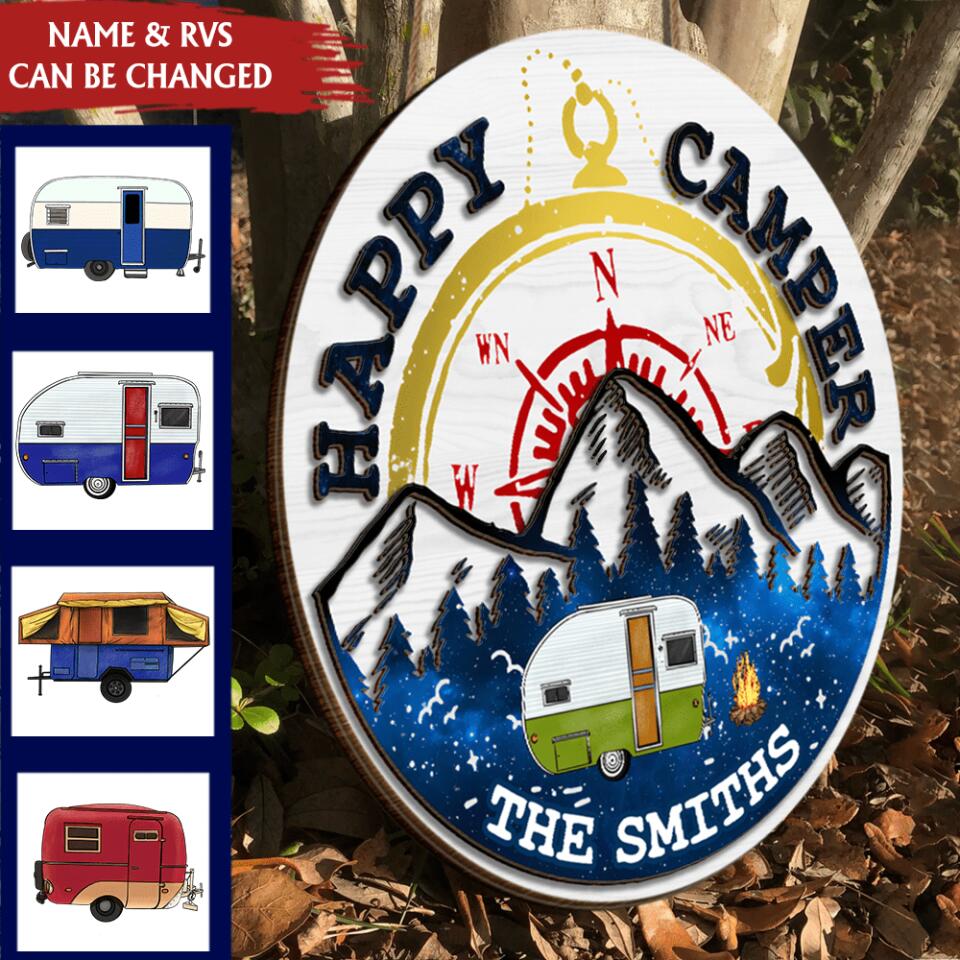 Happy Camper, Gift For Camping Lover - Personalized Wooden Sign 2 Layer