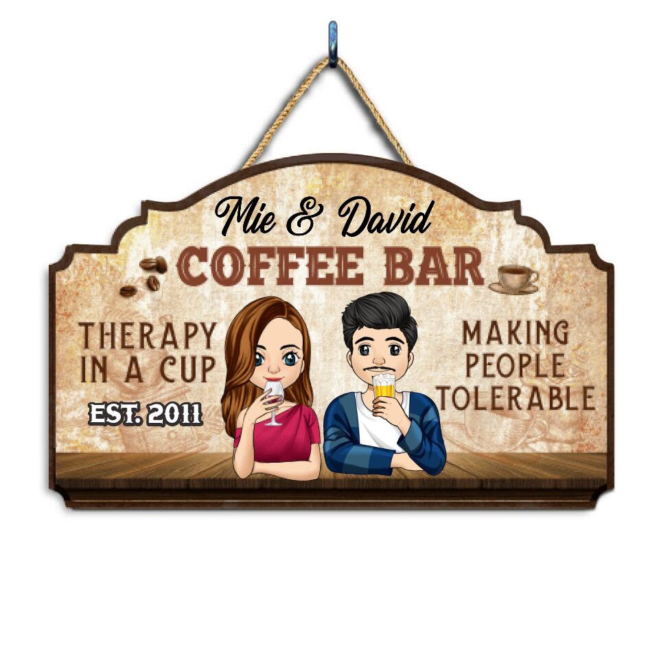 Coffee Bar Therapy In A Cup Making People Tolerable - Personalized Wooden Sign 2 Layer