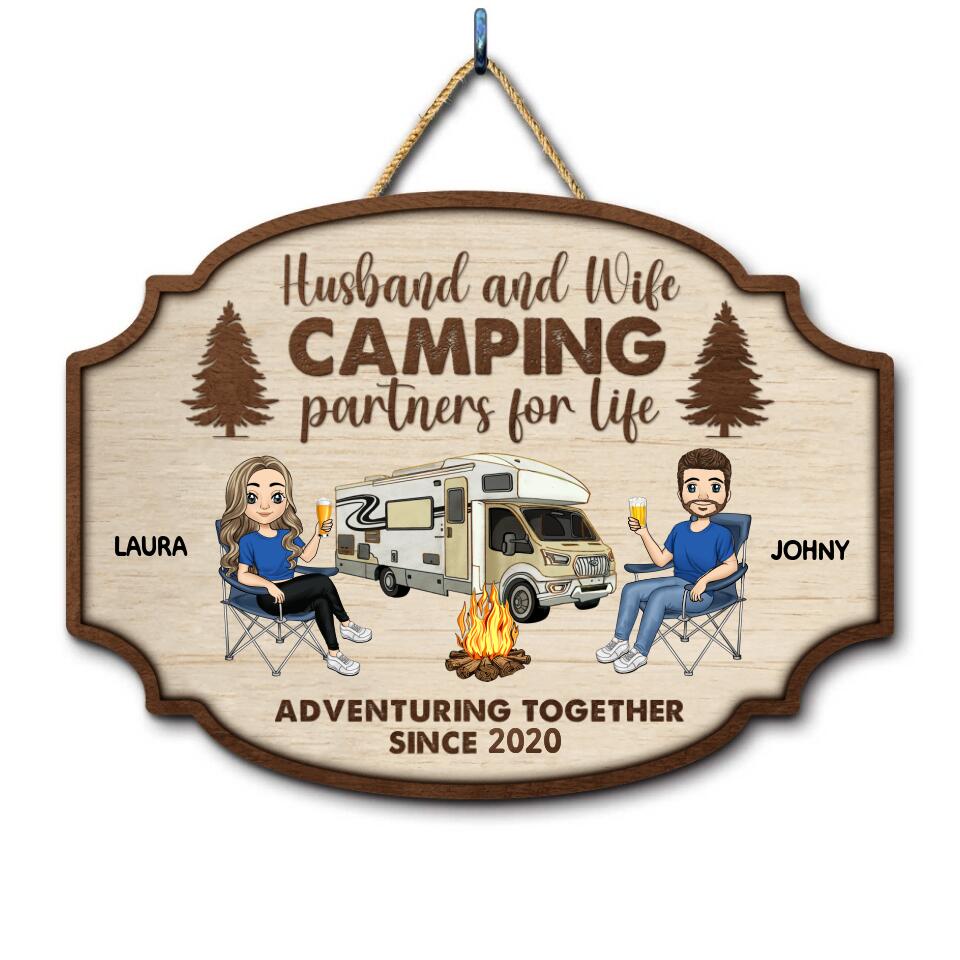 Husband And Wife Camping Partners For Life  - Personalized Wooden Sign