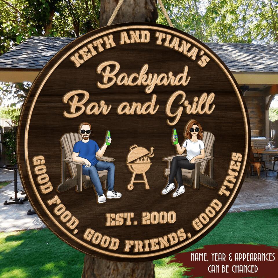 Backyard Bar and Grill | Good Food, Good Friends, Good Time | Custom 2 Layer Wooden Sign | Round Shape