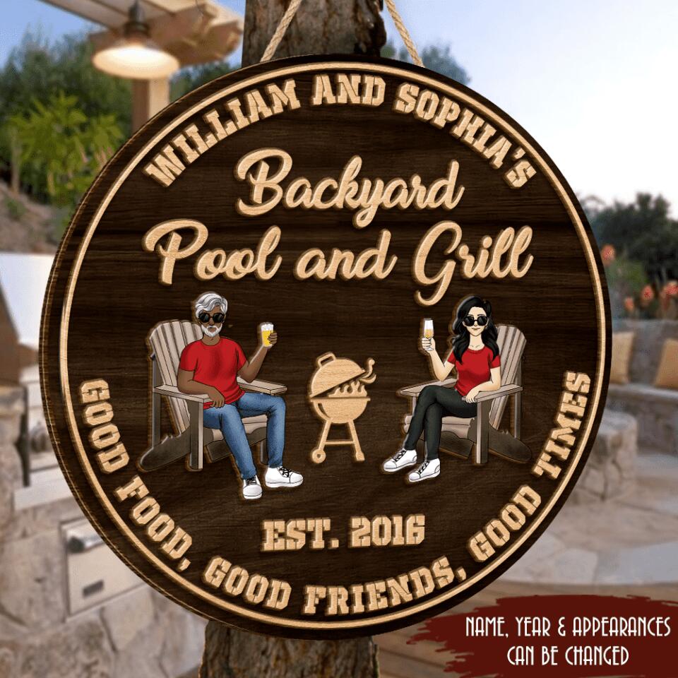 Backyard Pool and Grill, Good Food, Good Friends, Good Time | Custom 2 Layer Wooden Sign