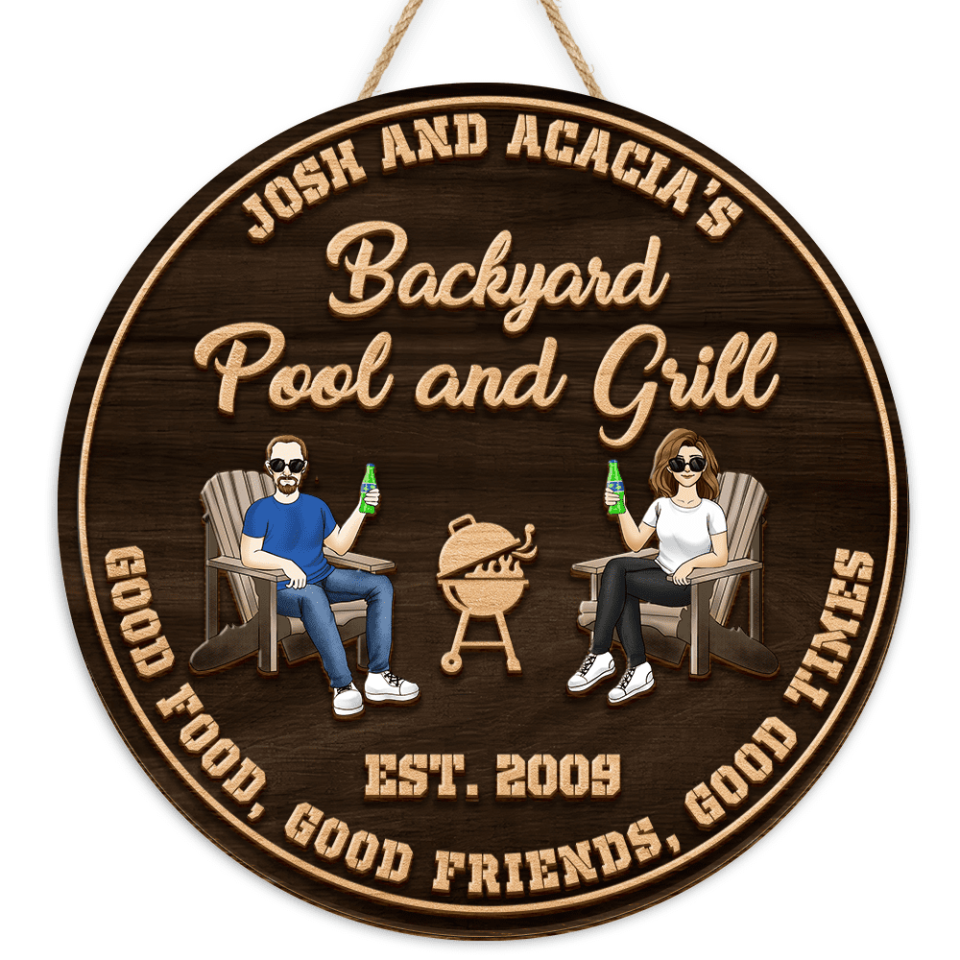 Backyard Pool and Grill, Good Food, Good Friends, Good Time | Custom 2 Layer Wooden Sign