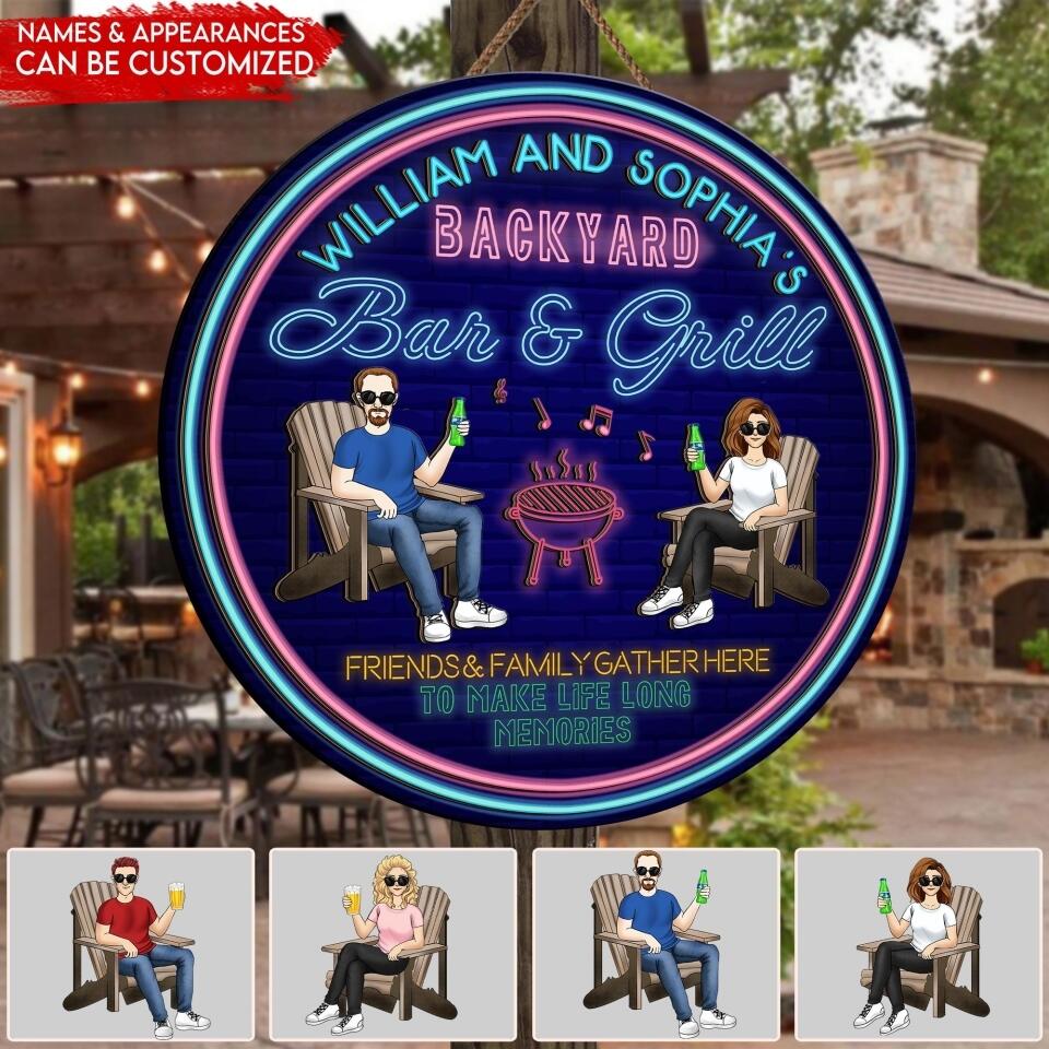 Backyard Bar & Grill Door Sign, Friends & Family Gather Here To Make Life Long Memories, Custom 2 Layer Wooden Door Sign
