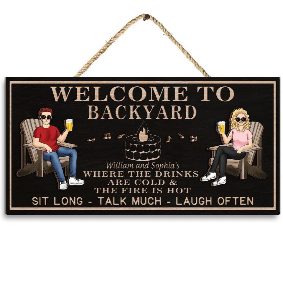 Welcome Backyard Sign, Couple Husband Wife,  Personalized Custom Classic 2 Layer Wooden Sign