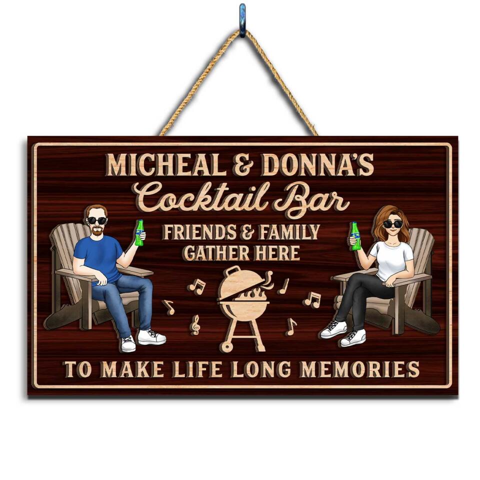 Cocktail Bar Sign | Friends &amp; Family Gather Here | Custom 2 Layer Wooden Door Sign