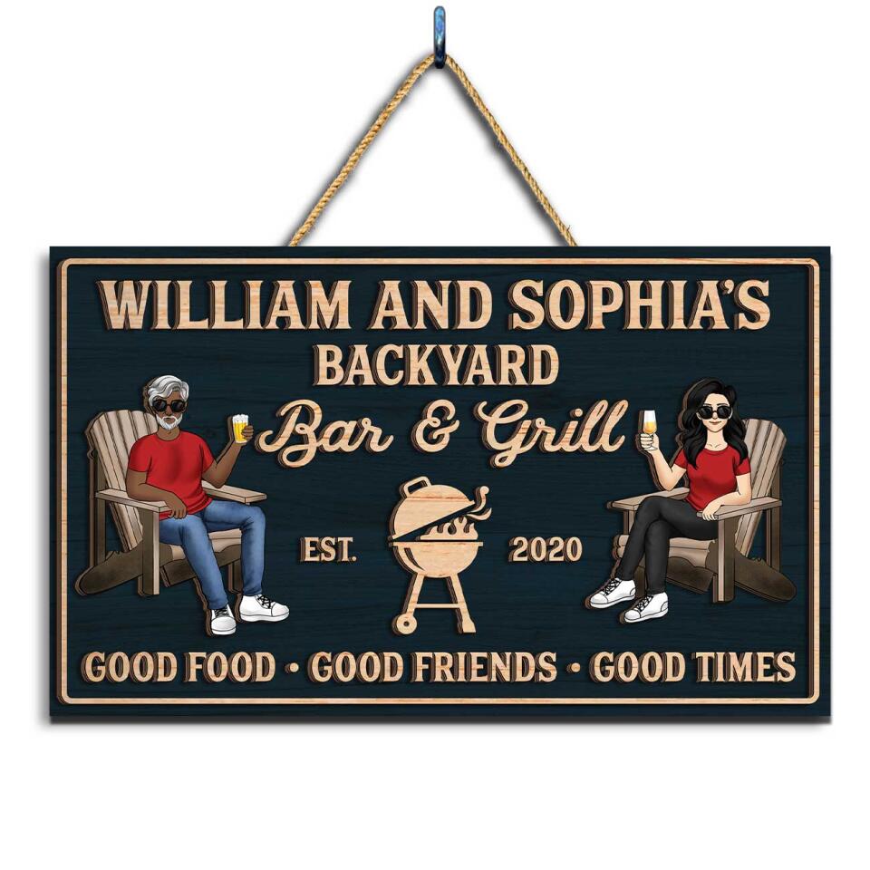 Backyard Bar &amp; Grill - Good Food, Good Friends, Good Time, Custom 2 Layer Wooden Door Sign, Rectangle Shape