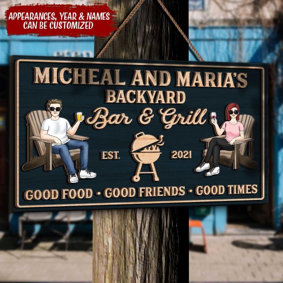 Backyard Bar & Grill - Good Food, Good Friends, Good Time, Custom 2 Layer Wooden Door Sign, Rectangle Shape