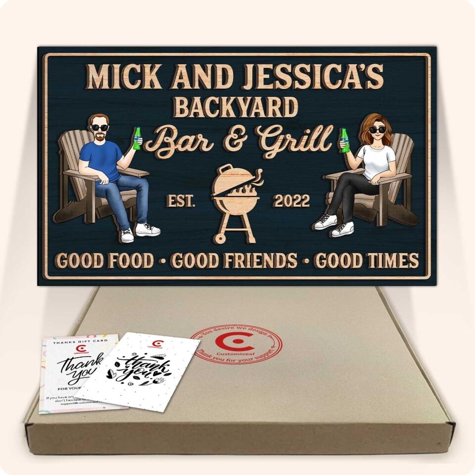 Backyard Bar & Grill - Good Food, Good Friends, Good Time, Custom 2 Layer Wooden Door Sign, Rectangle Shape