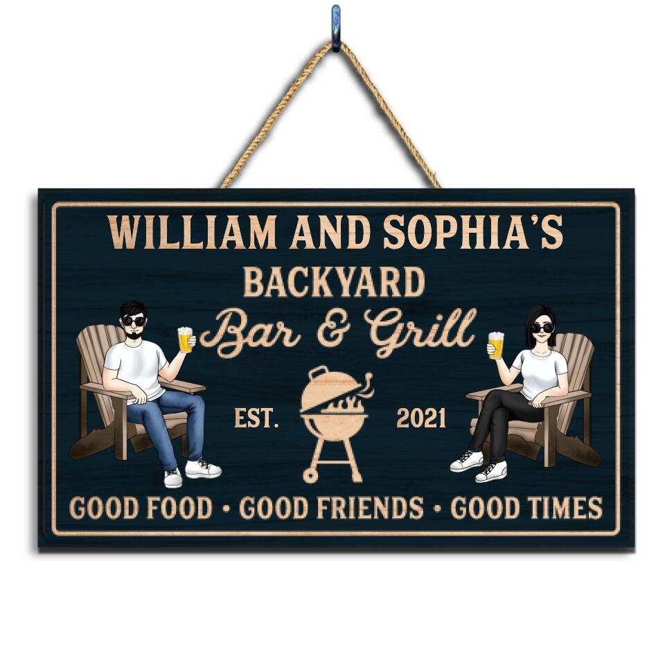 Backyard Bar & Grill - Good Food, Good Friends, Good Time, Custom 2 Layer Wooden Door Sign, Rectangle Shape