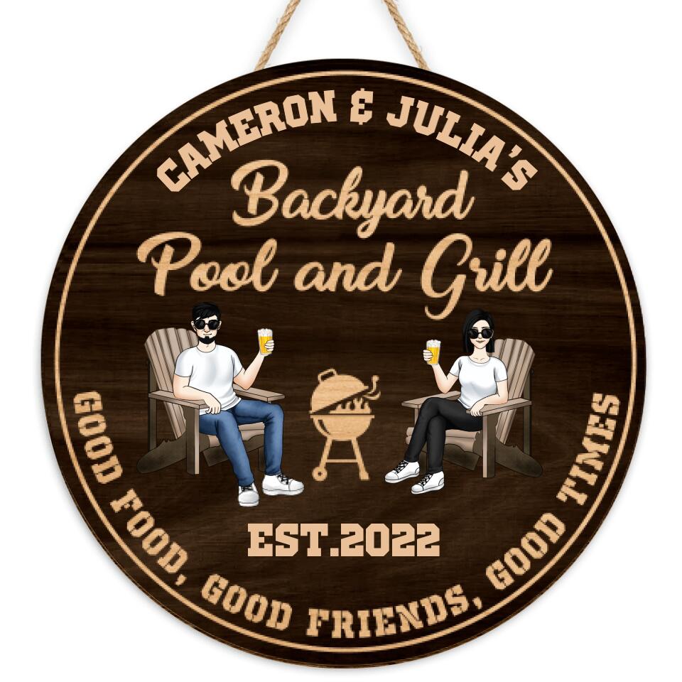 Backyard Pool and Grill, Good Food, Good Friends, Good Time | Custom 2 Layer Wooden Sign