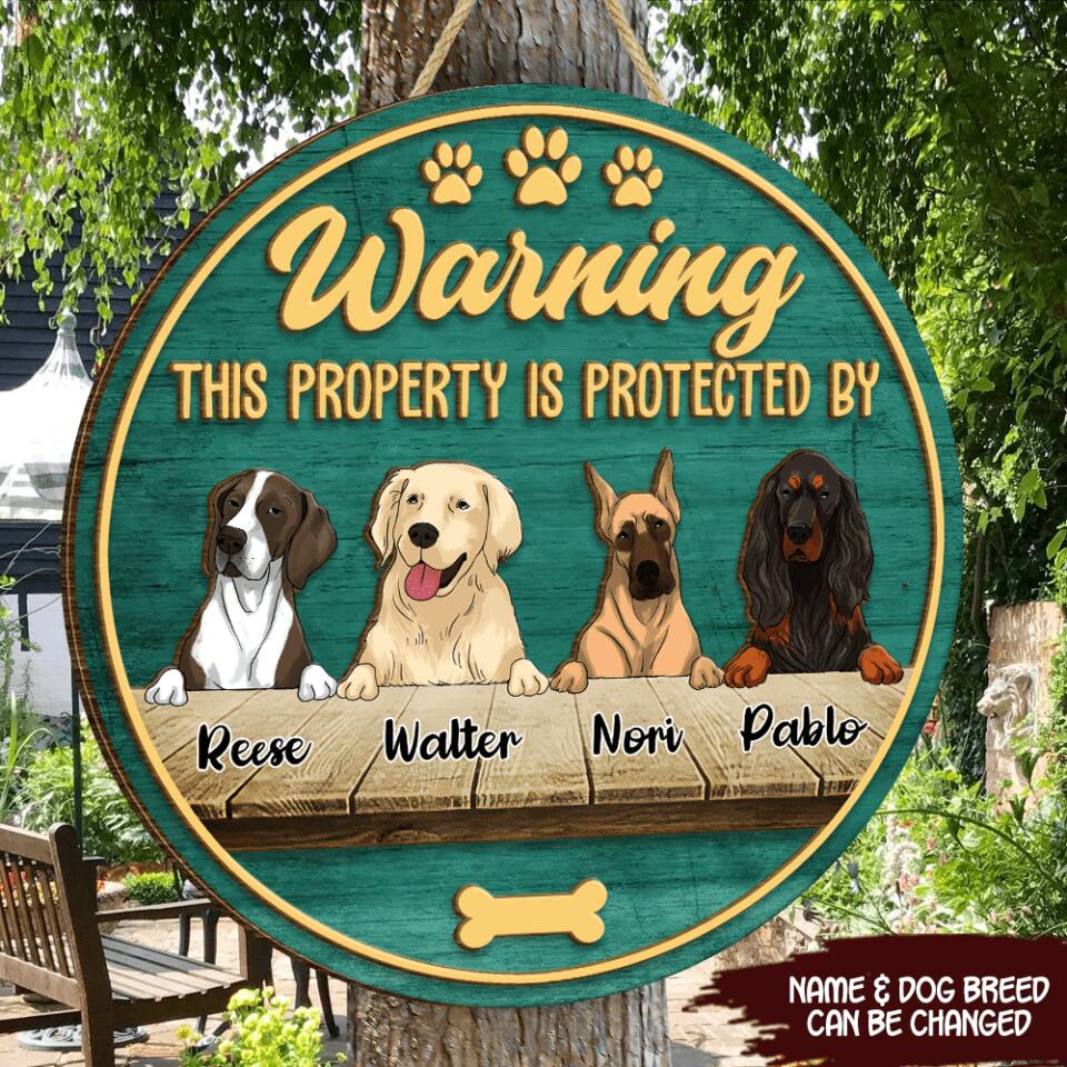 Warning This Property Is Protected By The Dog - Personalized 2 Layer Round Wooden Sign