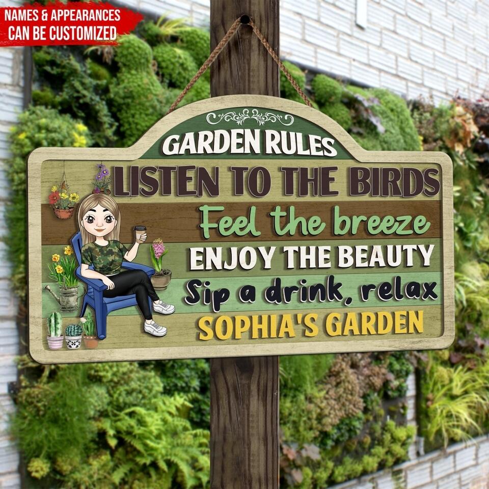 Garden Rules, Listen To The Birds - Personalized 2 Layer Sign, Custom Shape