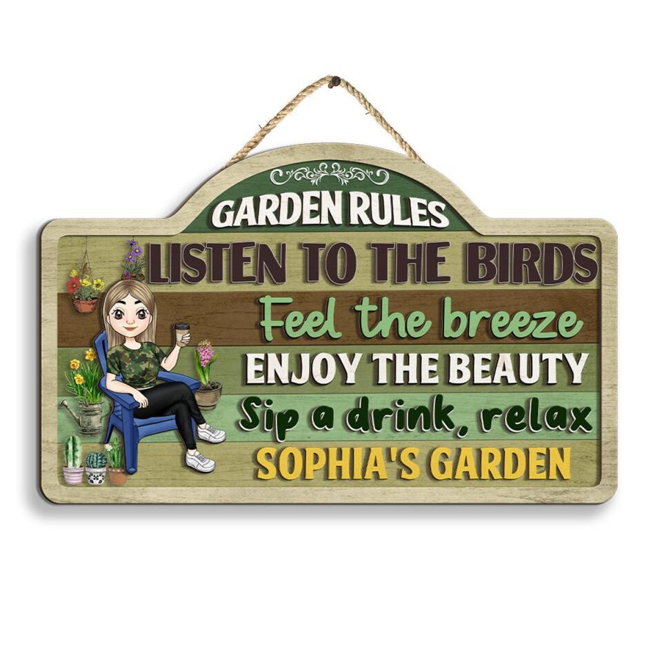 Garden Rules, Listen To The Birds - Personalized 2 Layer Sign, Custom Shape