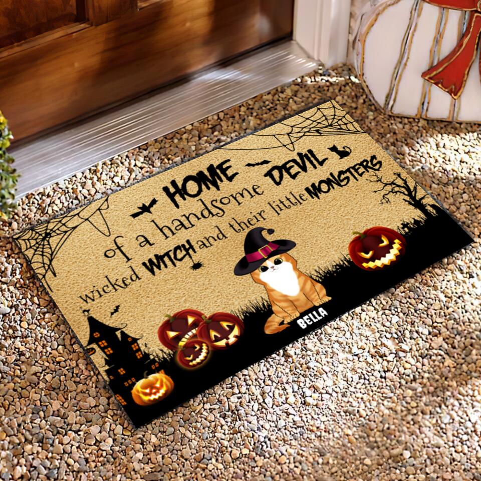 Home of a handsome devil, wicked witch and their little monsters - Personalized Door Mat