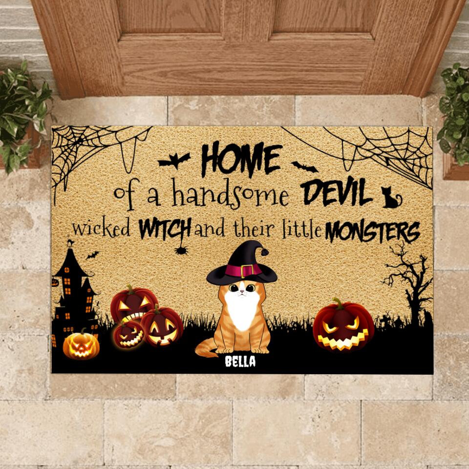 Home of a handsome devil, wicked witch and their little monsters - Personalized Door Mat