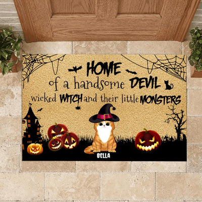 Home of a handsome devil, wicked witch and their little monsters - Personalized Door Mat
