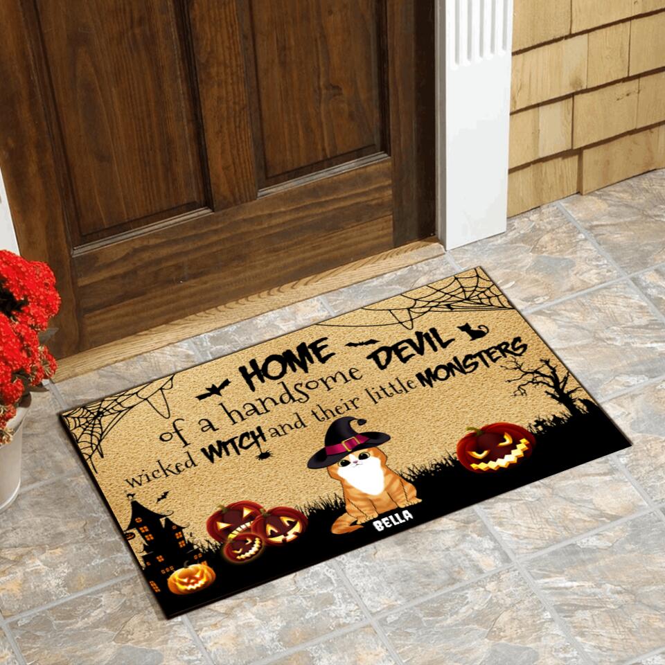 Home of a handsome devil, wicked witch and their little monsters - Personalized Door Mat