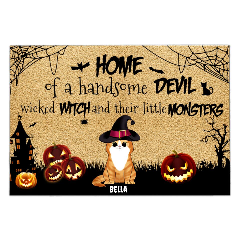 Home of a handsome devil, wicked witch and their little monsters - Personalized Door Mat