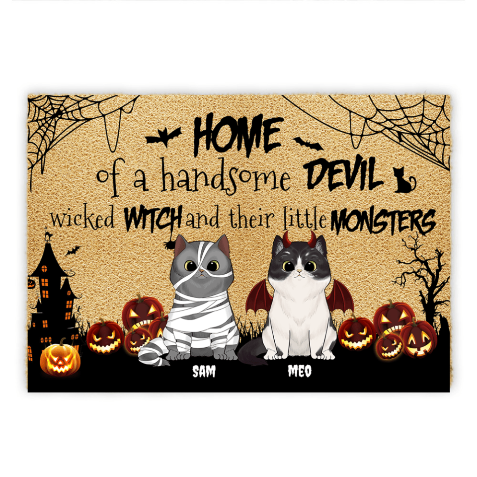 Home of a handsome devil, wicked witch and their little monsters - Personalized Door Mat