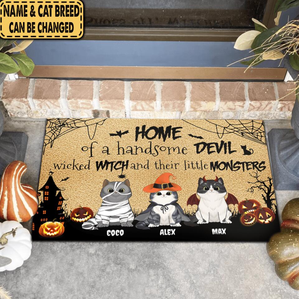 Home of a handsome devil, wicked witch and their little monsters - Personalized Door Mat
