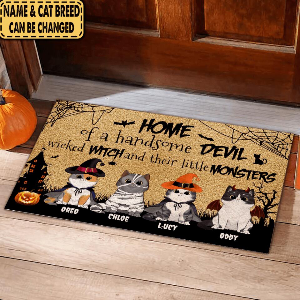 Home of a handsome devil, wicked witch and their little monsters - Personalized Door Mat