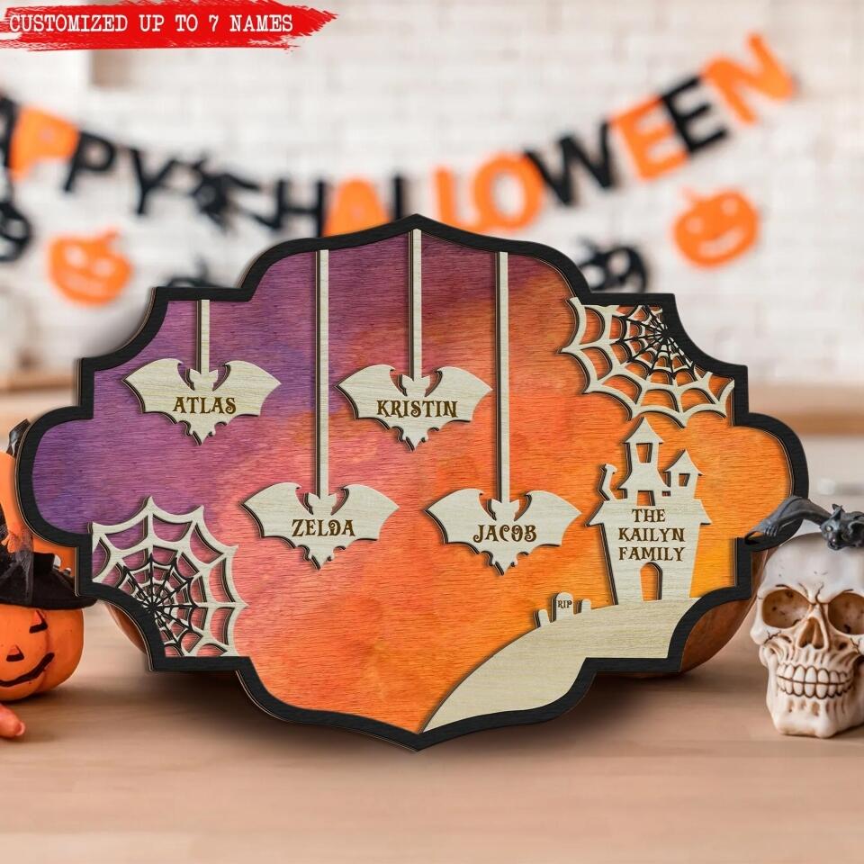 Haunted House & Hanging Bats - Personalized 2 Layer Halloween Sign