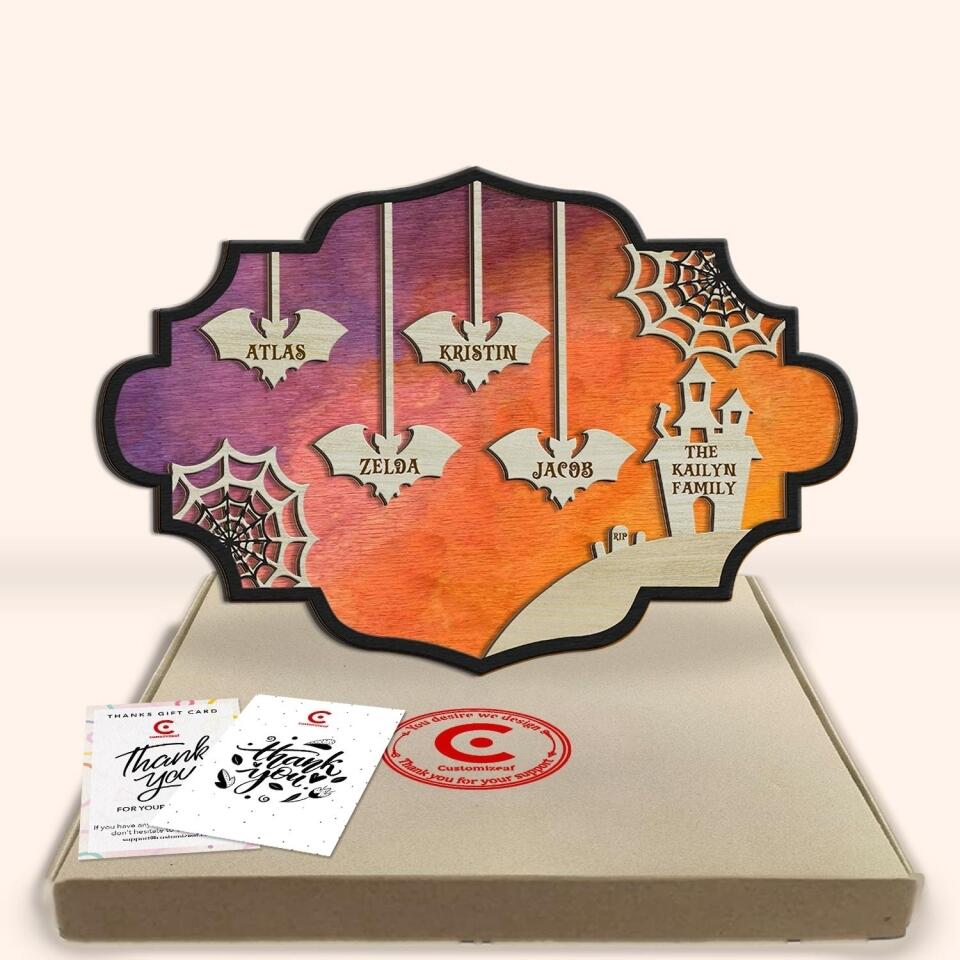 Haunted House & Hanging Bats - Personalized 2 Layer Halloween Sign