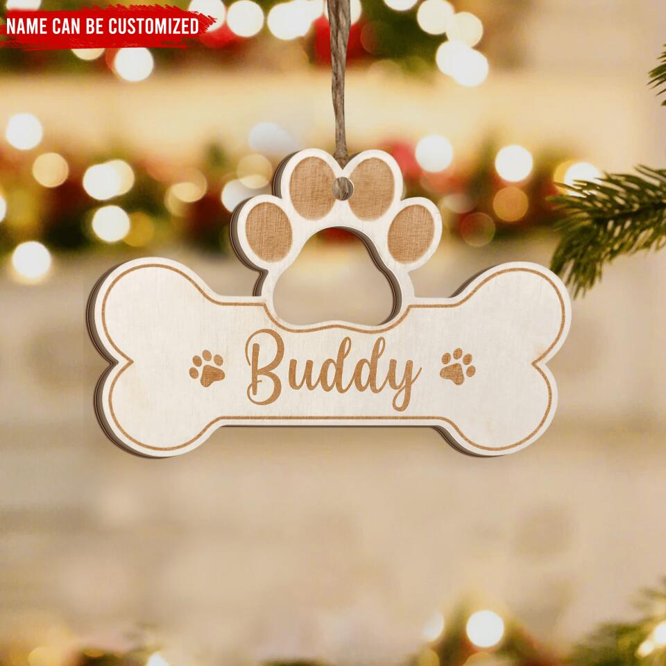 Dog Christmas Ornament Bone Paw Shape with Laser engraved Custom Name, Dog Custom Christmas Decoration Gift for Pet Lovers