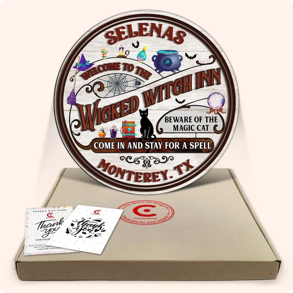 Witch Inn Black Cat Stay For A Spell Custom Wood Circle Sign, Witch Decor, Witchy, Goth, Witch Sign, Halloween Sign, Halloween Gift - Personalized 2 Layer Sign