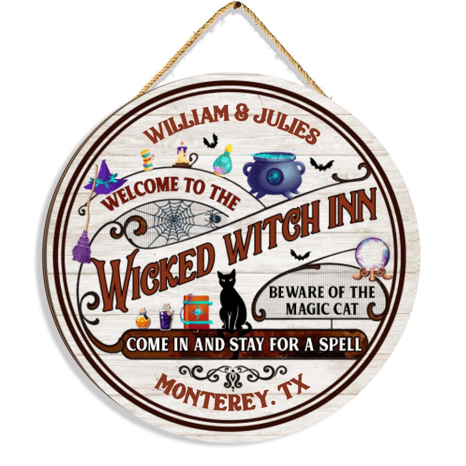 Witch Inn Black Cat Stay For A Spell Custom Wood Circle Sign, Witch Decor, Witchy, Goth, Witch Sign, Halloween Sign, Halloween Gift - Personalized 2 Layer Sign