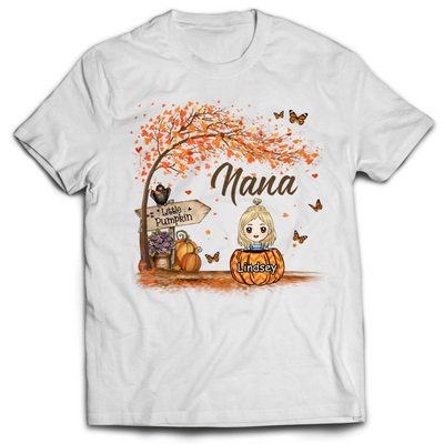 Grandma Little Pumpkin Autumn Halloween Shirt Custom Nana With Grandkids Names Halloween Shirt Gift For Grandma