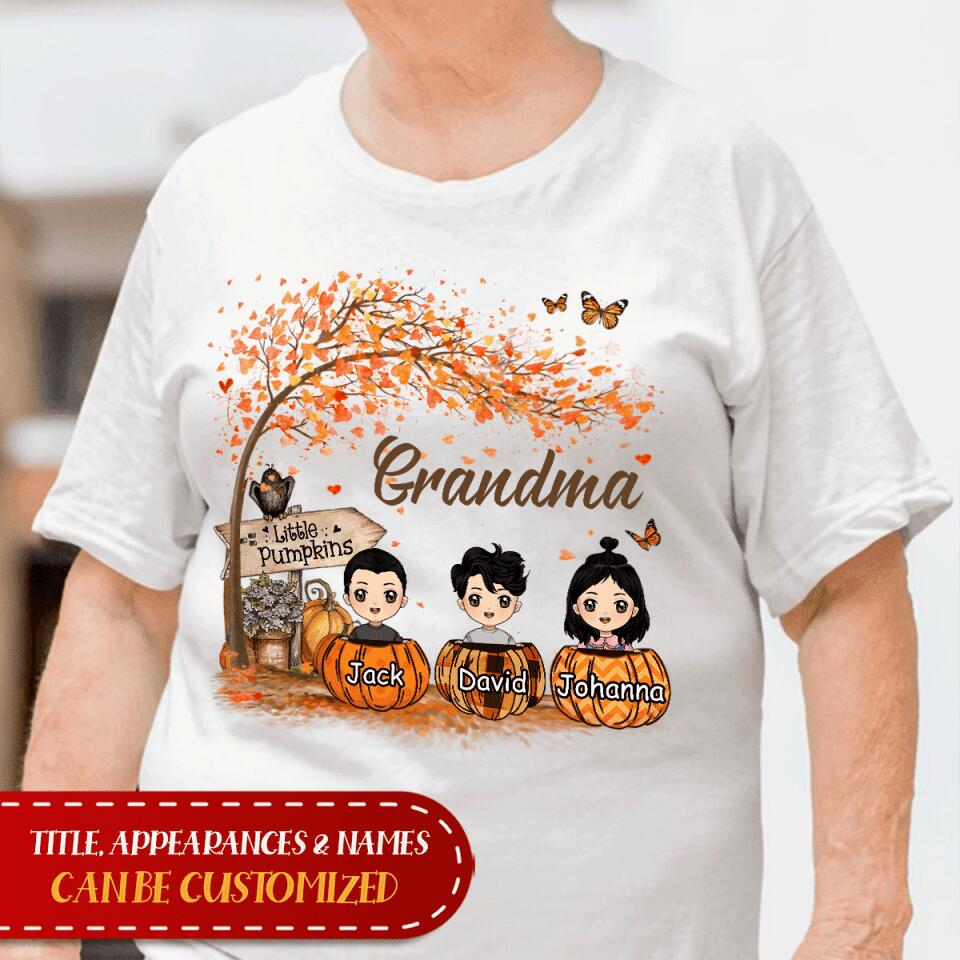 Grandma Little Pumpkin Autumn Halloween Shirt Custom Nana With Grandkids Names Halloween Shirt Gift For Grandma