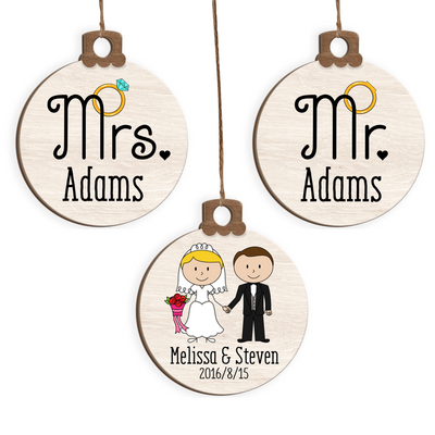 Personalized MR & MRS Christmas Ornament Set of 3, Wedding Gift Keepsake, Wooden Ornament