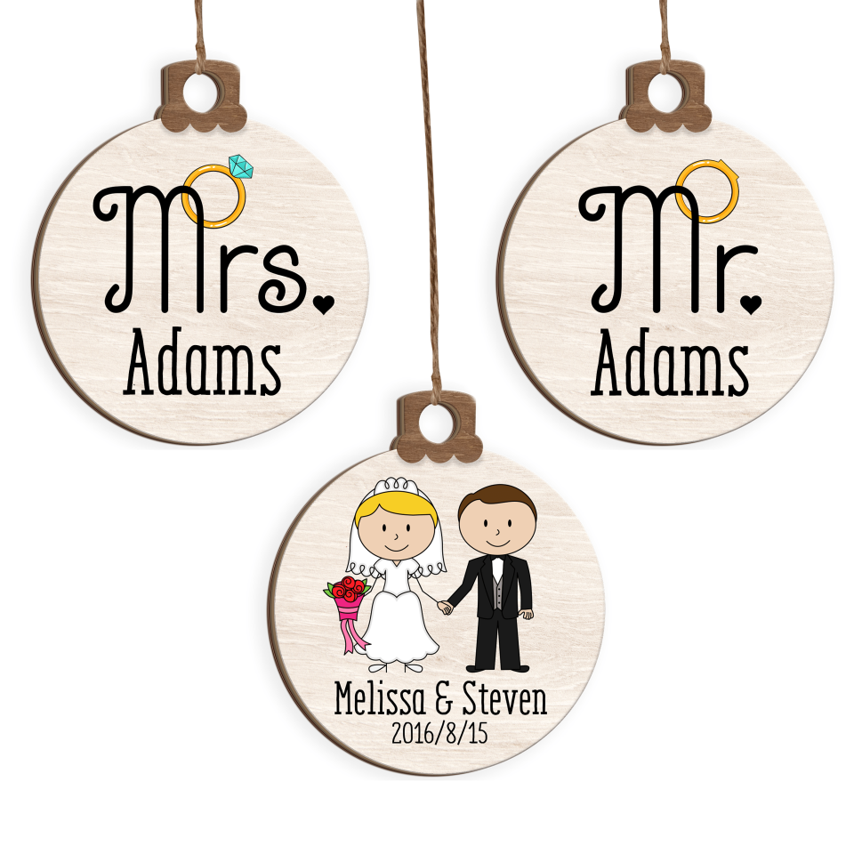 Personalized MR & MRS Christmas Ornament Set of 3, Wedding Gift Keepsake, Wooden Ornament