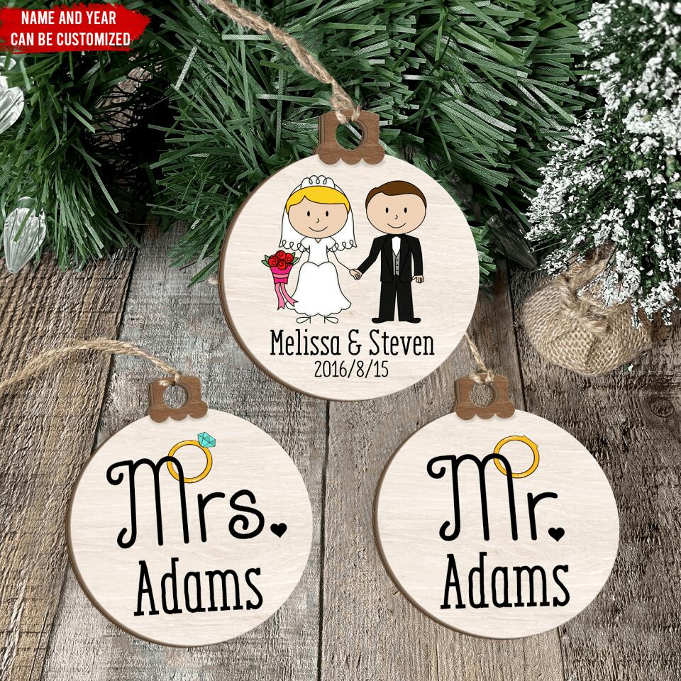 Personalized MR & MRS Christmas Ornament Set of 3, Wedding Gift Keepsake, Wooden Ornament