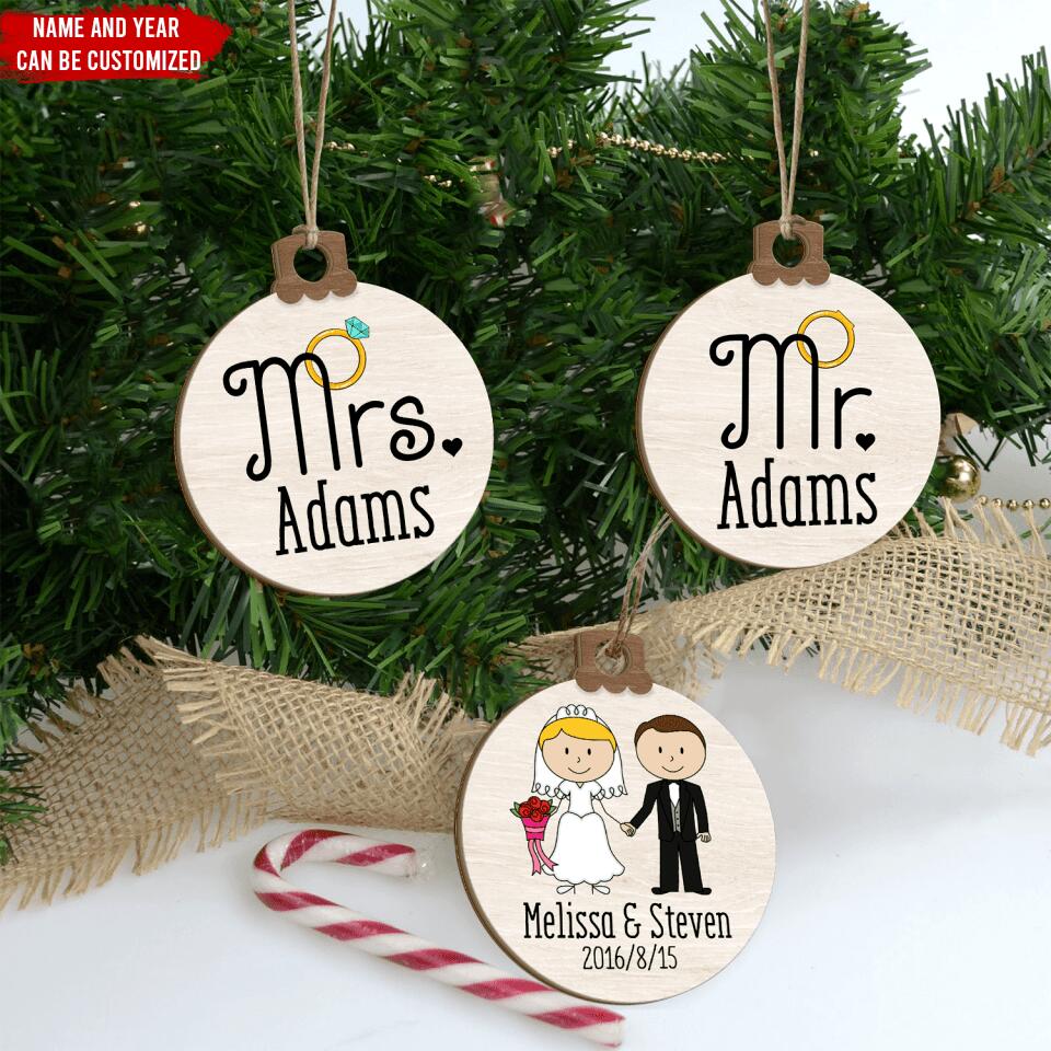 Personalized MR & MRS Christmas Ornament Set of 3, Wedding Gift Keepsake, Wooden Ornament