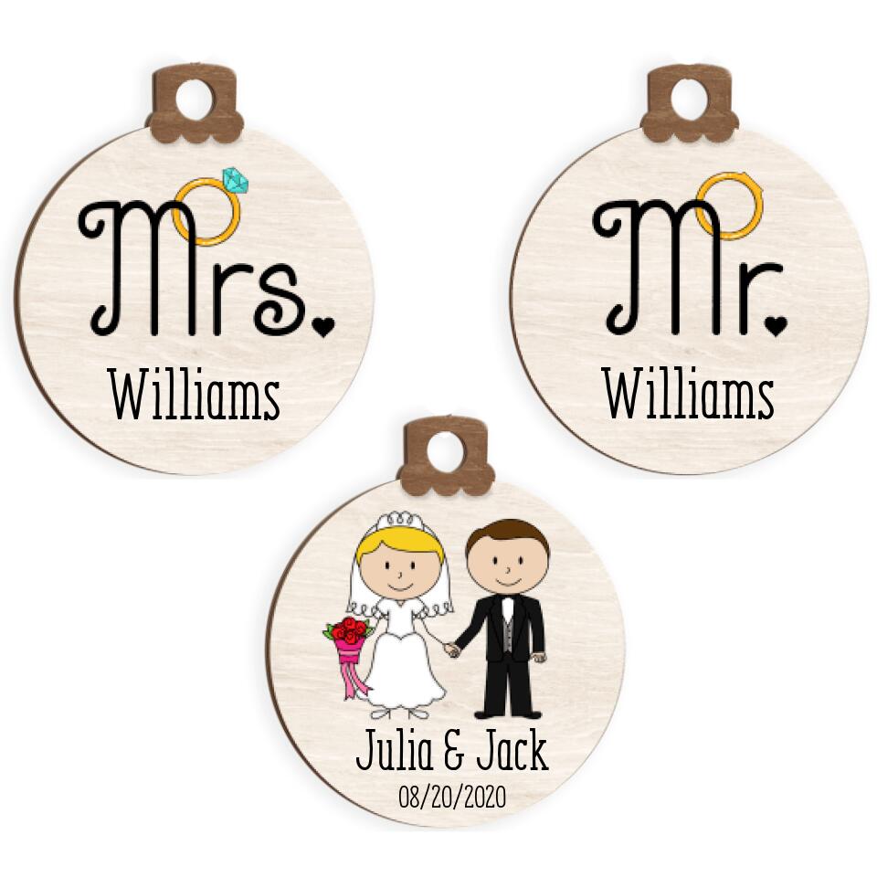 Personalized MR & MRS Christmas Ornament Set of 3, Wedding Gift Keepsake, Wooden Ornament